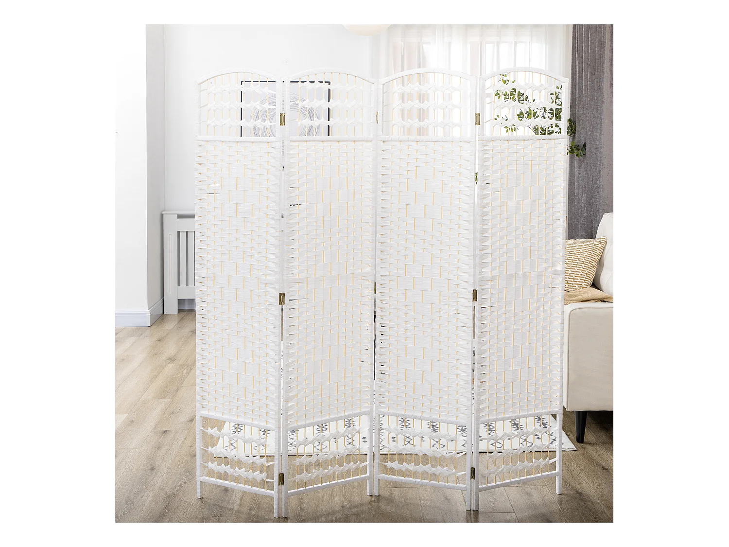 Paravent intérieur 4 panneaux pliables séparateur de pièce bois de peuplier bambou fibres de papier tressée blanc paille