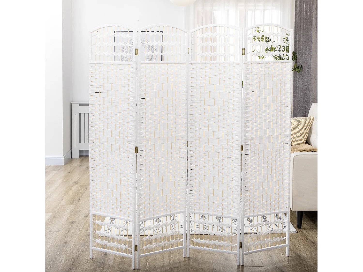 Paravent intérieur 4 panneaux pliables séparateur de pièce bois de peuplier bambou fibres de papier tressée blanc paille