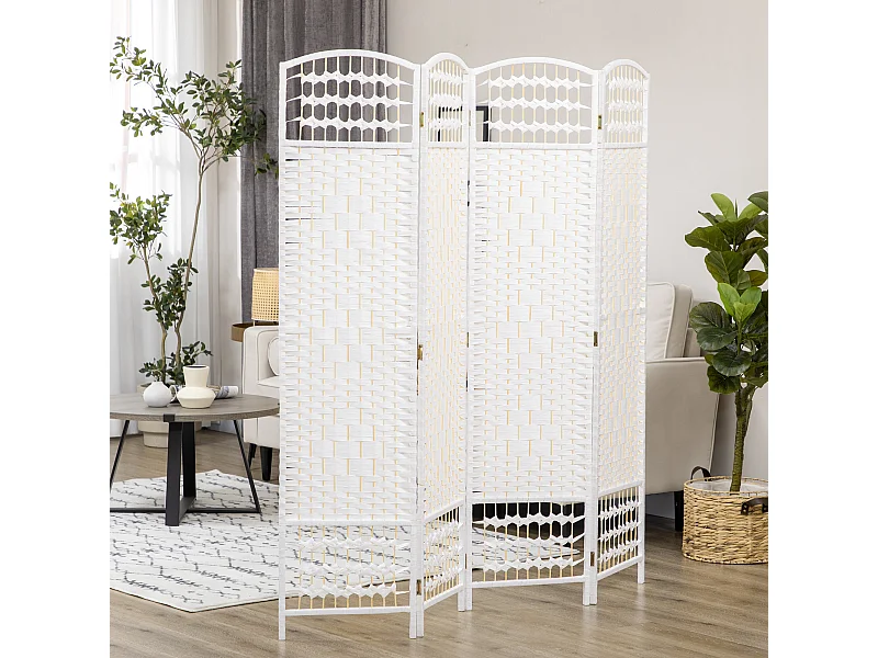 Paravent intérieur 4 panneaux pliables séparateur de pièce bois de peuplier bambou fibres de papier tressée blanc paille