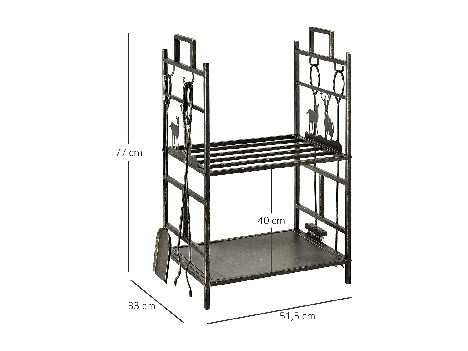 Serviteur de cheminée cerf - porte bûches - range bûches multi accessoires 2 étagères 51L x 33l x 77H cm métal noir or vieilli