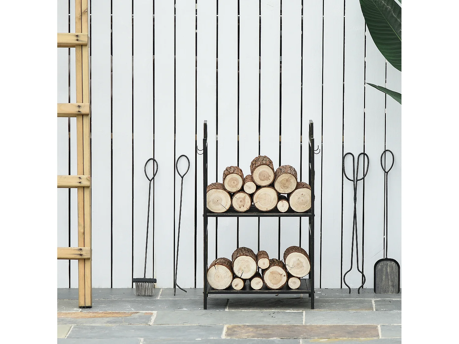 Serviteur de cheminée cerf - porte bûches - range bûches multi accessoires 2 étagères 51L x 33l x 77H cm métal noir or vieilli