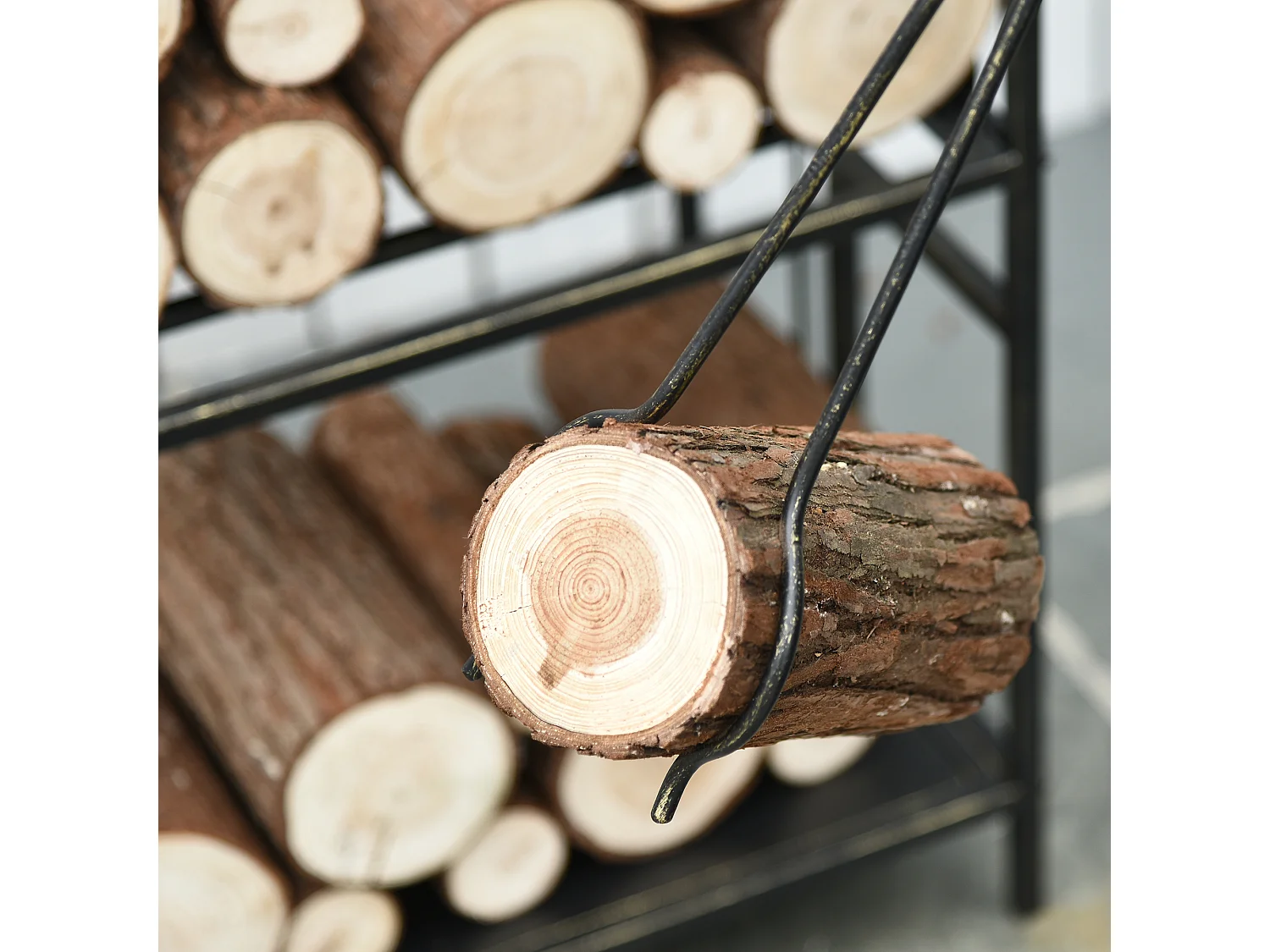 Serviteur de cheminée cerf - porte bûches - range bûches multi accessoires 2 étagères 51L x 33l x 77H cm métal noir or vieilli