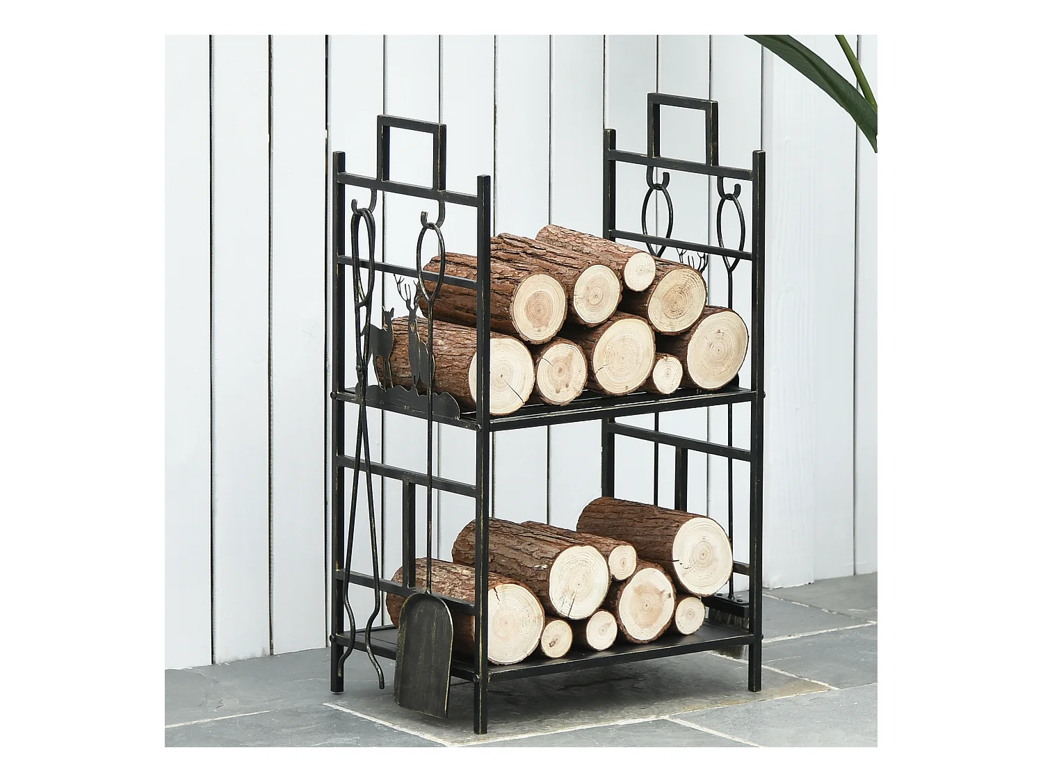 Serviteur de cheminée cerf - porte bûches - range bûches multi accessoires 2 étagères 51L x 33l x 77H cm métal noir or vieilli