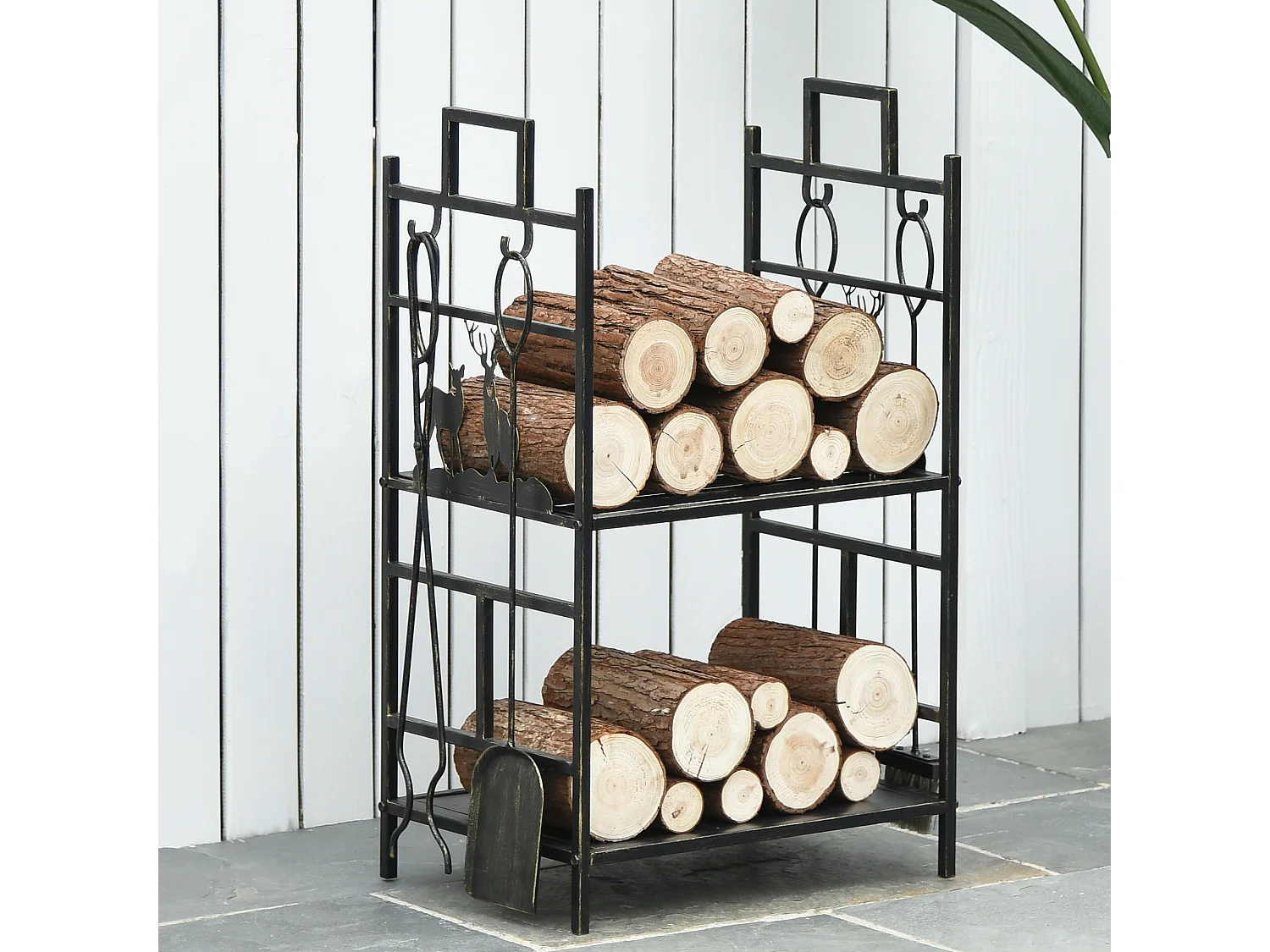 Serviteur de cheminée cerf - porte bûches - range bûches multi accessoires 2 étagères 51L x 33l x 77H cm métal noir or vieilli