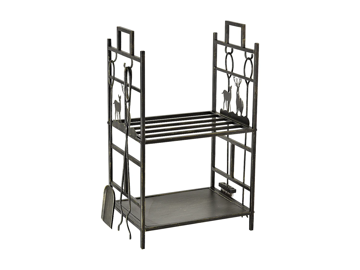 Serviteur de cheminée cerf - porte bûches - range bûches multi accessoires 2 étagères 51L x 33l x 77H cm métal noir or vieilli