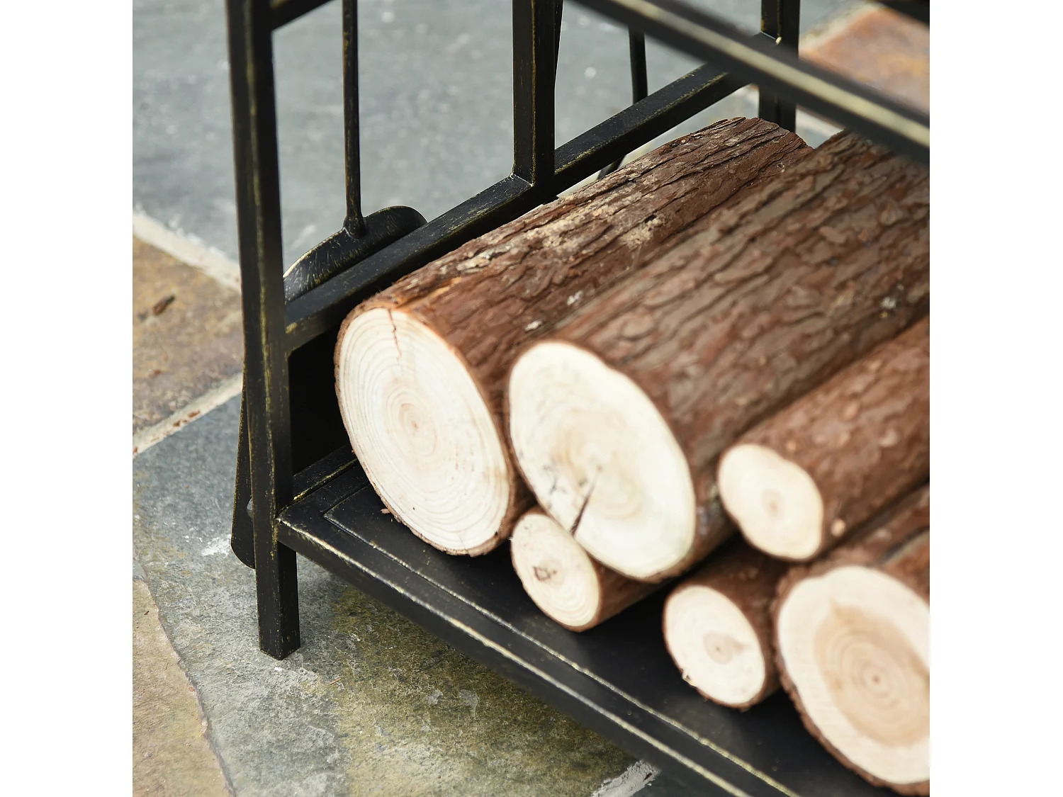 Serviteur de cheminée cerf - porte bûches - range bûches multi accessoires 2 étagères 51L x 33l x 77H cm métal noir or vieilli