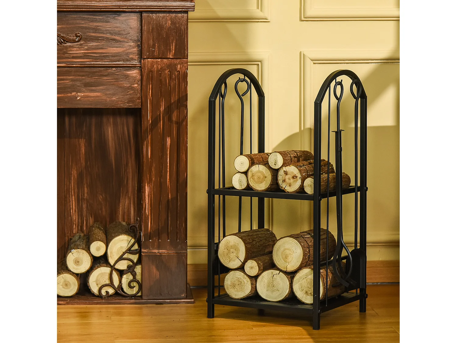 Serviteur de cheminée - porte bûches - range bûches multi-accessoires 2 étagères métal noir