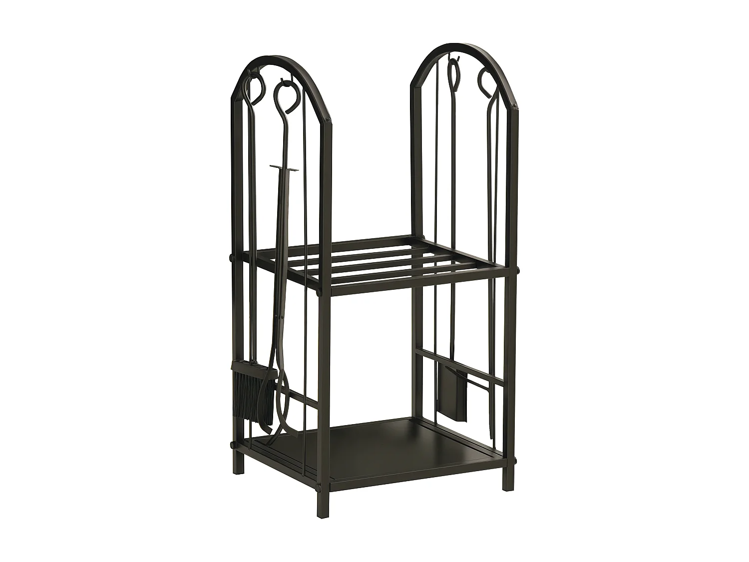 Serviteur de cheminée - porte bûches - range bûches multi-accessoires 2 étagères métal noir