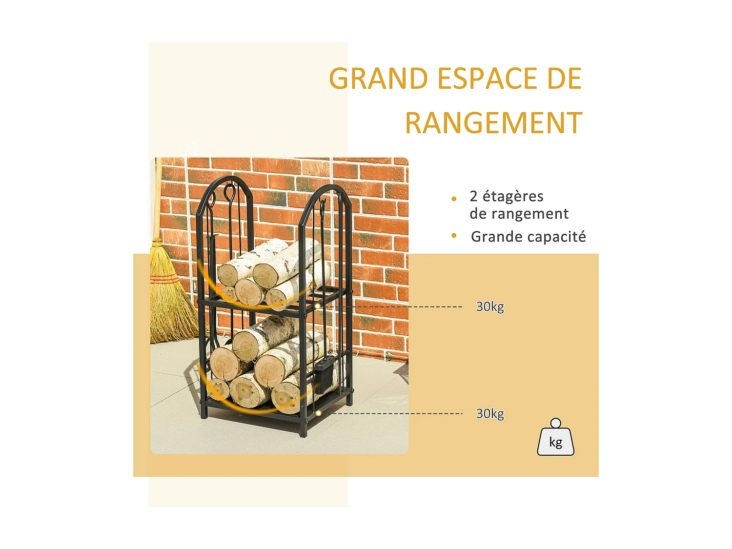 Serviteur de cheminée - porte bûches - range bûches multi-accessoires 2 étagères métal noir