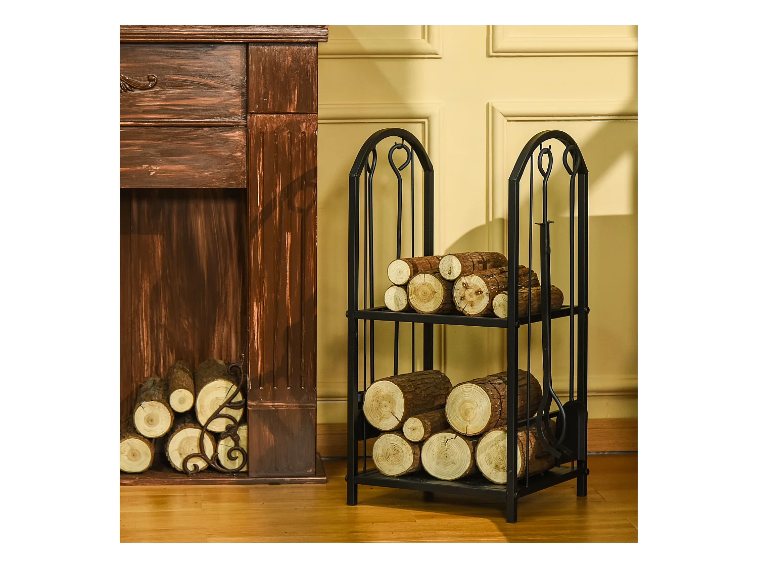 Serviteur de cheminée - porte bûches - range bûches multi-accessoires 2 étagères métal noir