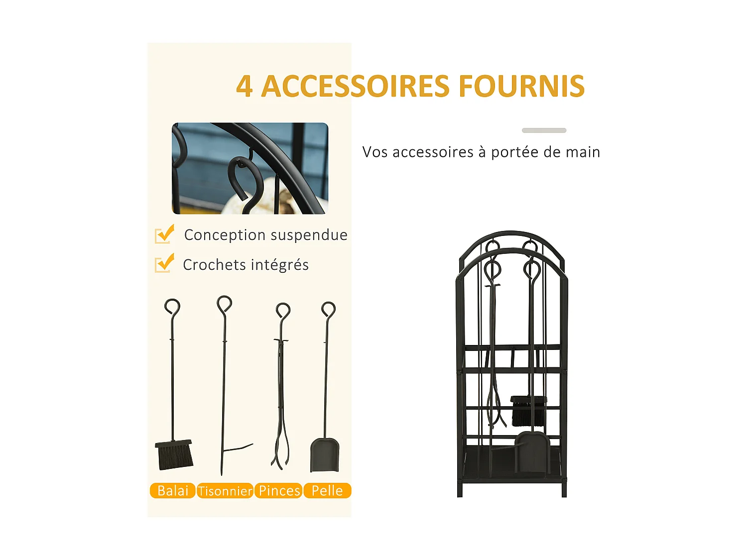 Serviteur de cheminée - porte bûches - range bûches multi-accessoires 2 étagères métal noir