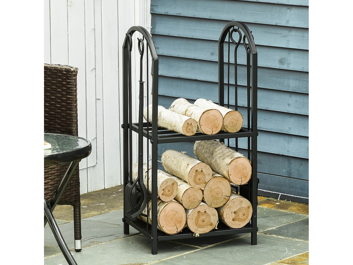 Serviteur de cheminée - porte bûches - range bûches multi-accessoires 2 étagères métal noir