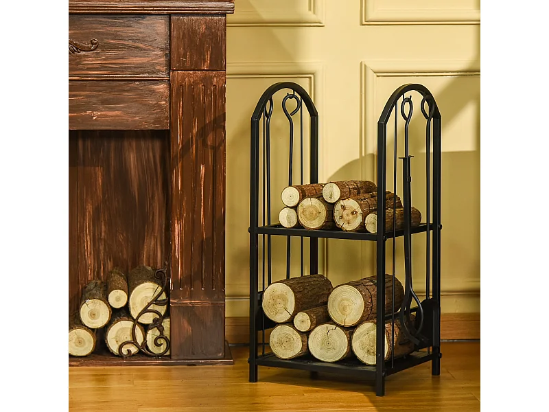 Serviteur de cheminée - porte bûches - range bûches multi-accessoires 2 étagères métal noir