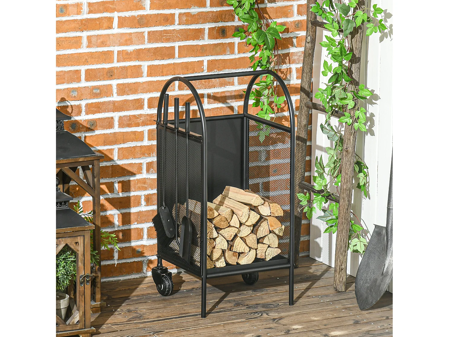 Chariot - porte bûches - range bûches - multi-accessoires avec 2 roulettes métal noir