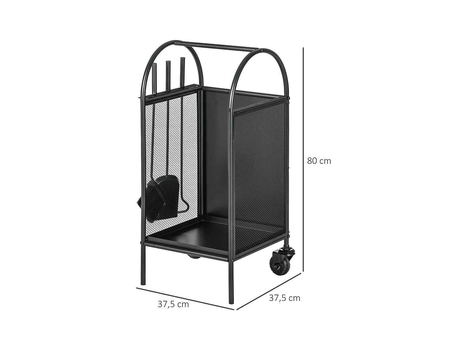 Chariot - porte bûches - range bûches - multi-accessoires avec 2 roulettes métal noir