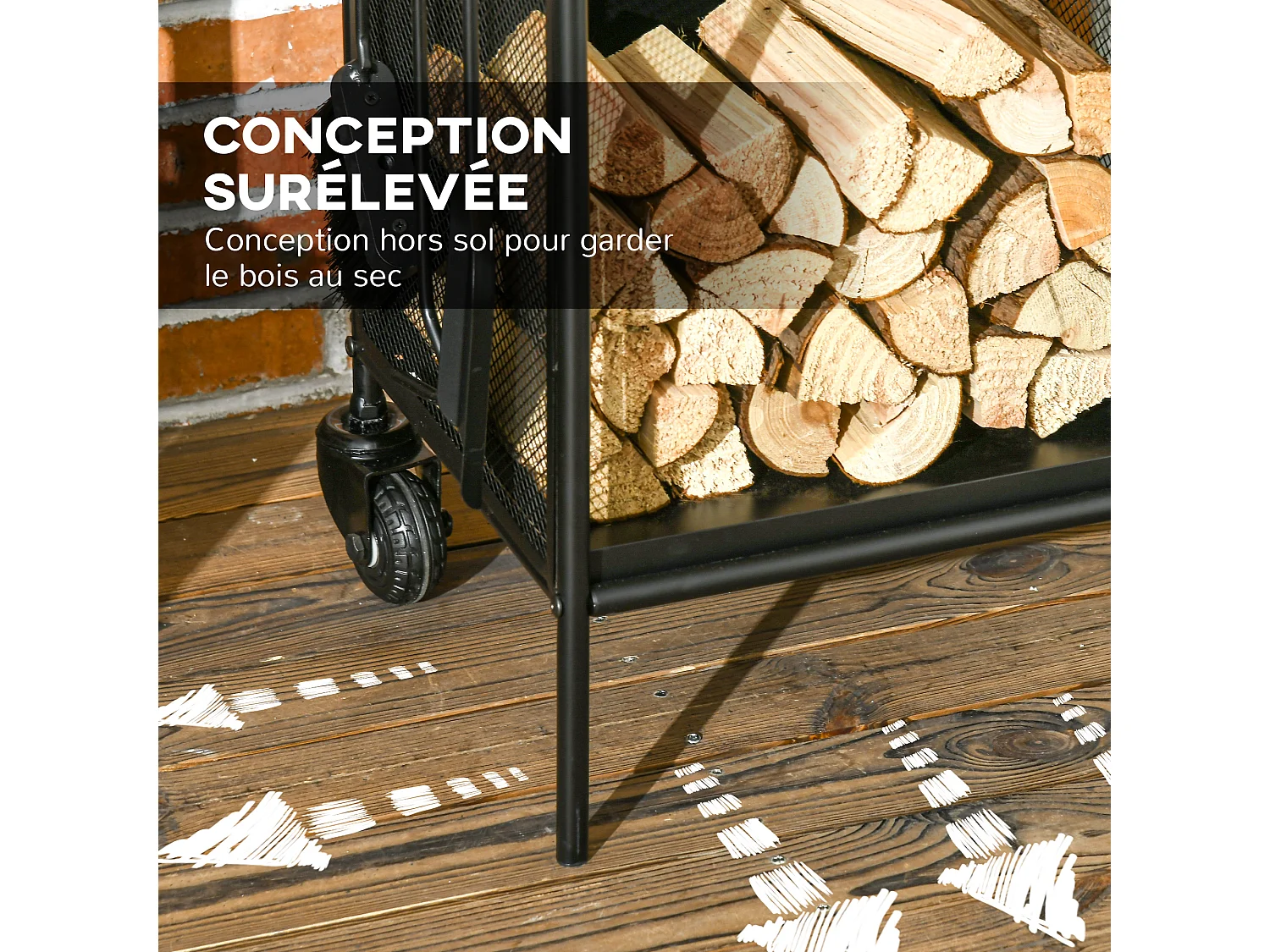 Chariot - porte bûches - range bûches - multi-accessoires avec 2 roulettes métal noir
