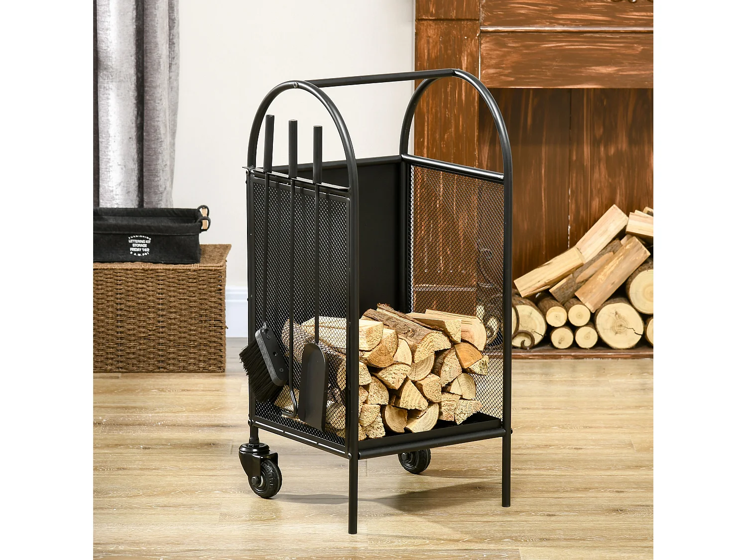 Chariot - porte bûches - range bûches - multi-accessoires avec 2 roulettes métal noir