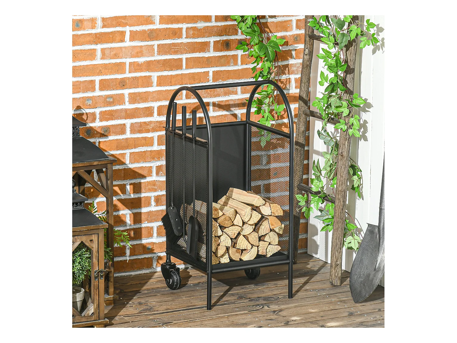 Chariot - porte bûches - range bûches - multi-accessoires avec 2 roulettes métal noir