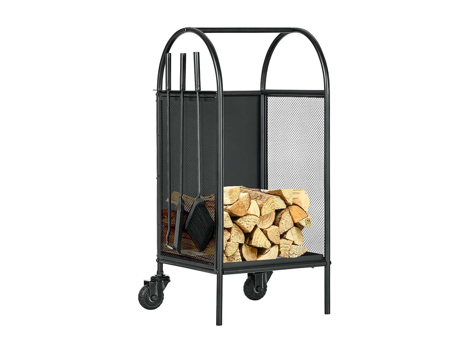 Chariot - porte bûches - range bûches - multi-accessoires avec 2 roulettes métal noir