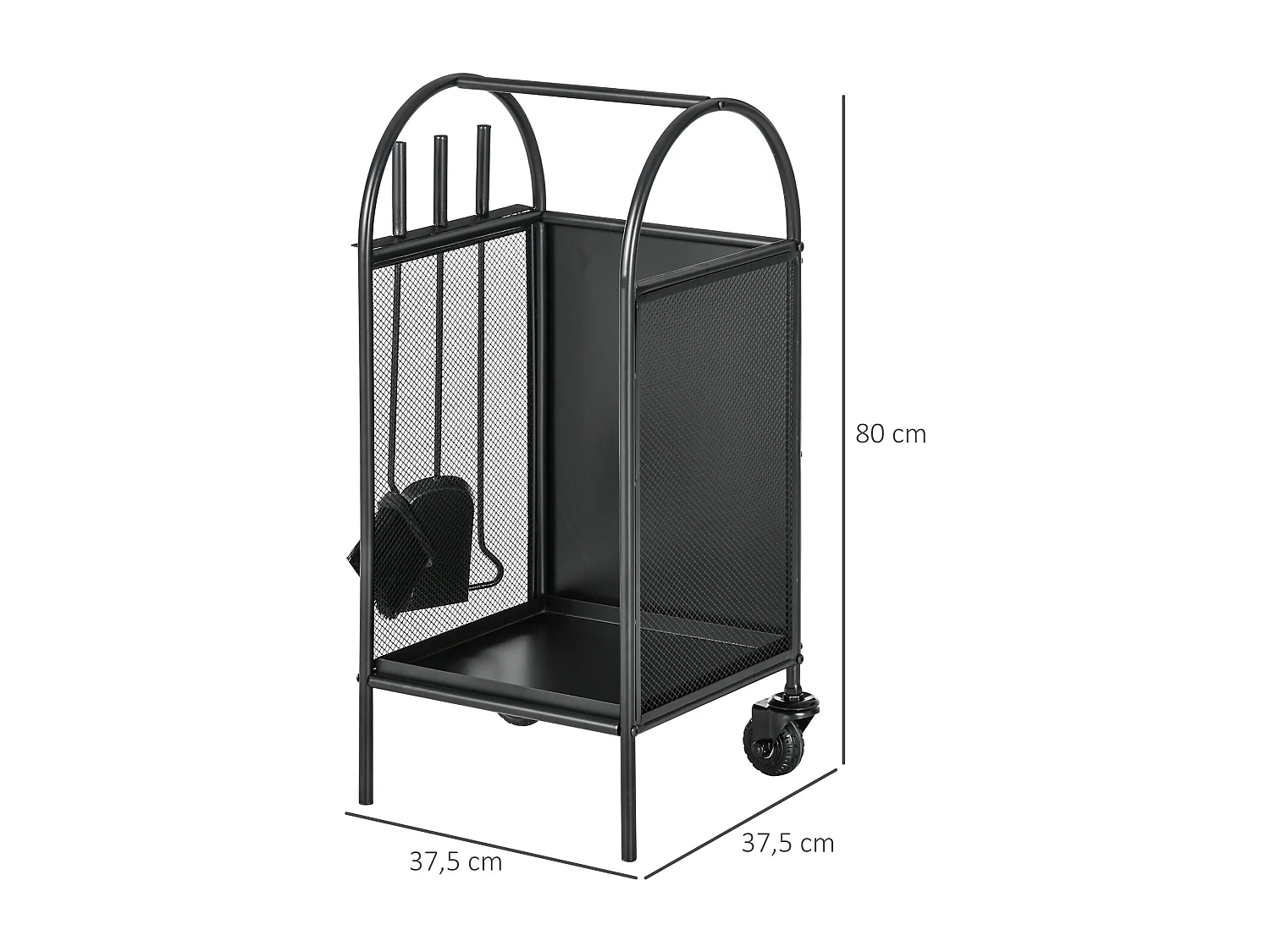 Chariot - porte bûches - range bûches - multi-accessoires avec 2 roulettes métal noir