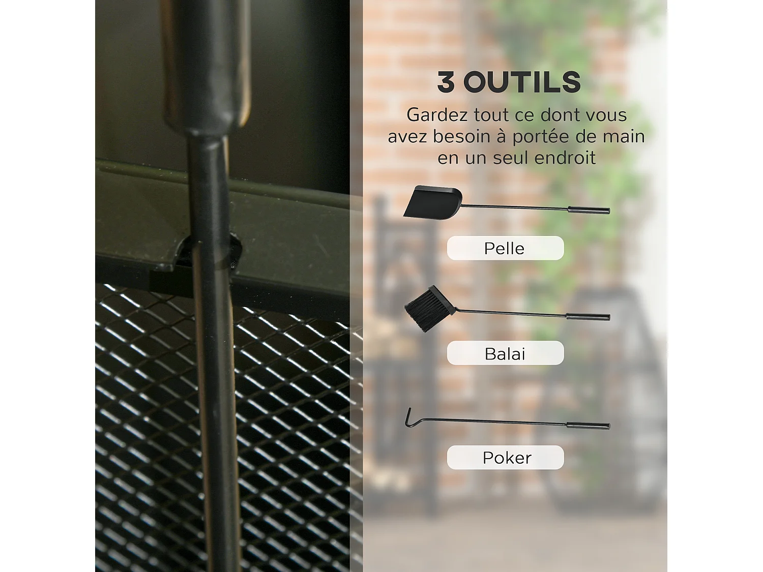 Chariot - porte bûches - range bûches - multi-accessoires avec 2 roulettes métal noir