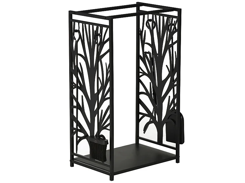 Serviteur de cheminée arbre - porte bûches - range bûches multi accessoires étagère 46L x 29l x 70H cm acier noir