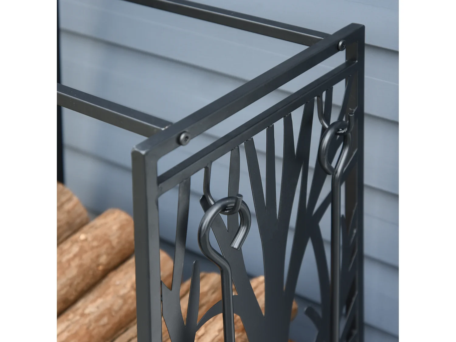 Serviteur de cheminée arbre - porte bûches - range bûches multi accessoires étagère 46L x 29l x 70H cm acier noir