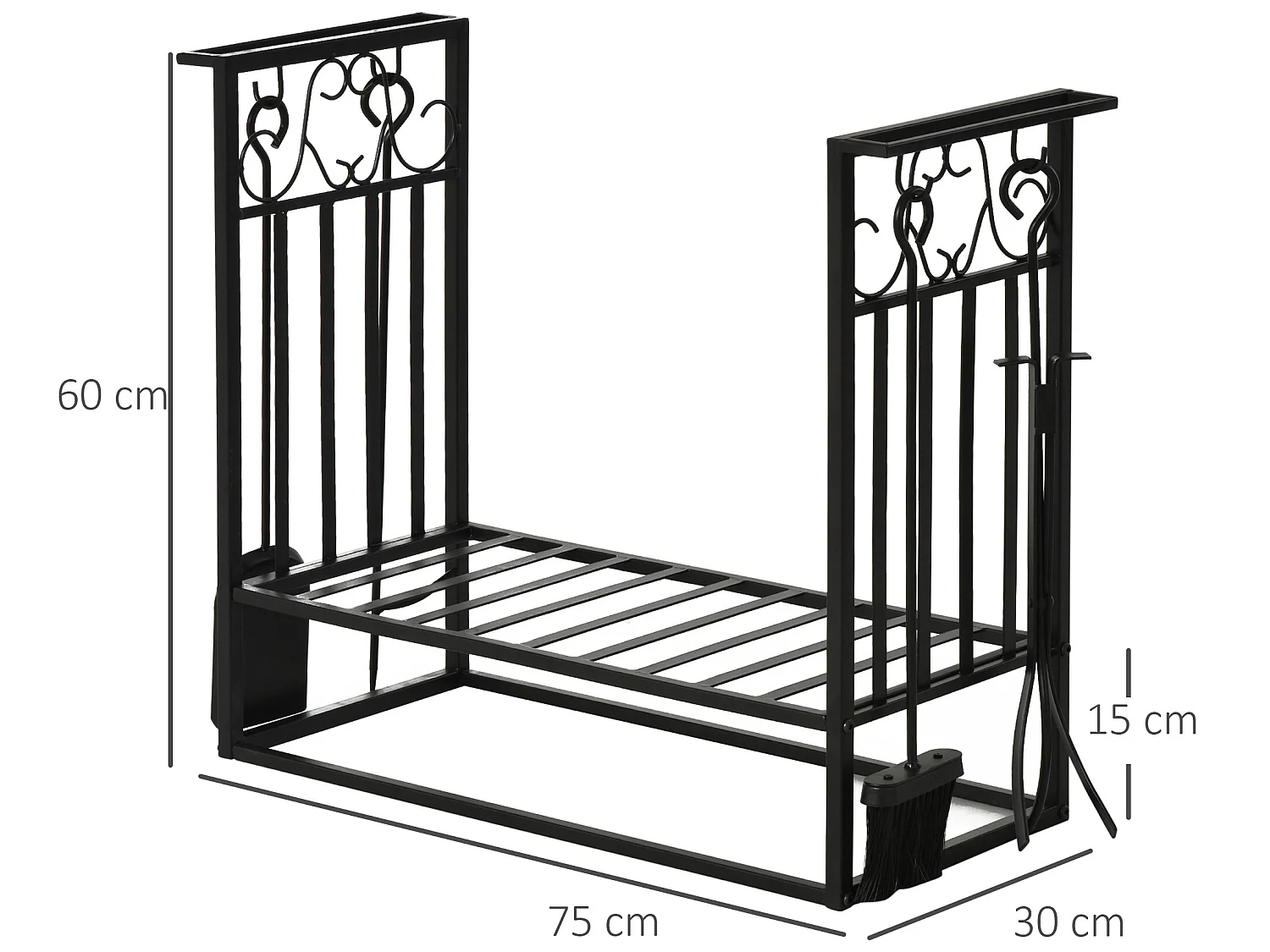 Serviteur de cheminée - porte bûches - range bûches multi accessoires étagère 75L x 30l x 60H cm acier noir