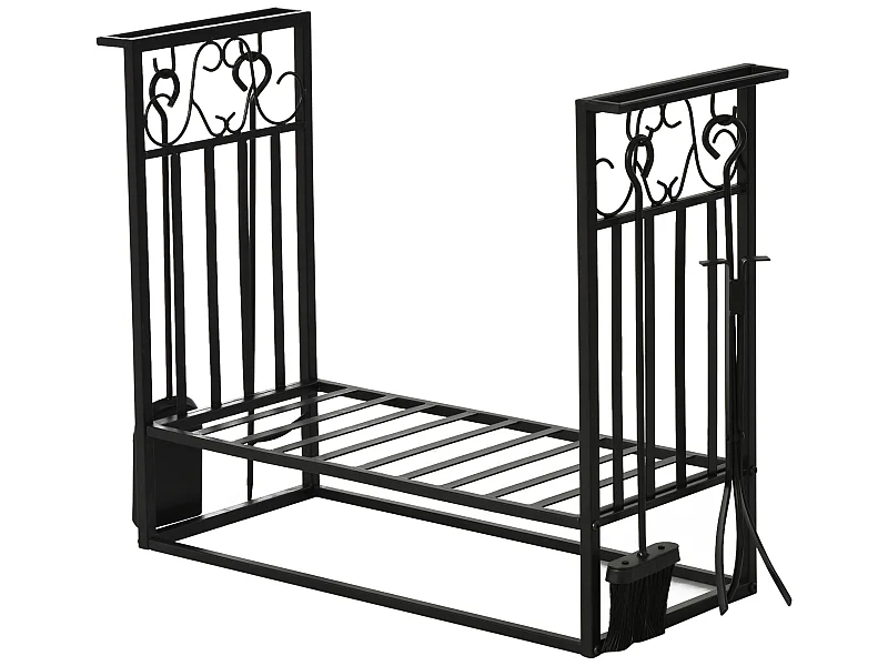 Serviteur de cheminée - porte bûches - range bûches multi accessoires étagère 75L x 30l x 60H cm acier noir