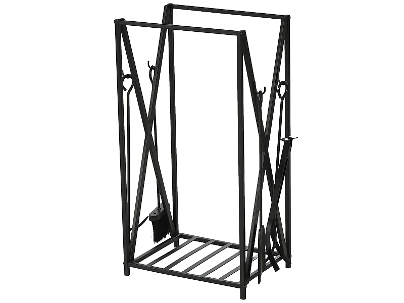 Serviteur de cheminée - porte bûches - range bûches multi accessoires étagère 46L x 30l x 76H cm acier noir