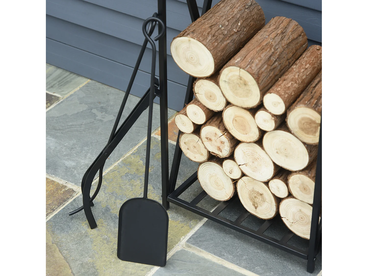 Serviteur de cheminée - porte bûches - range bûches multi accessoires étagère 46L x 30l x 76H cm acier noir