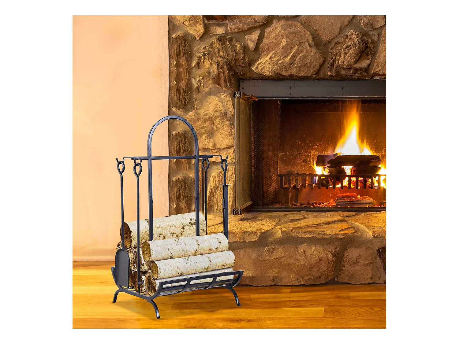 Serviteur de cheminée - porte bûches - range bûches multi accessoires dim. 45L x 40l x 78H cm métal noir