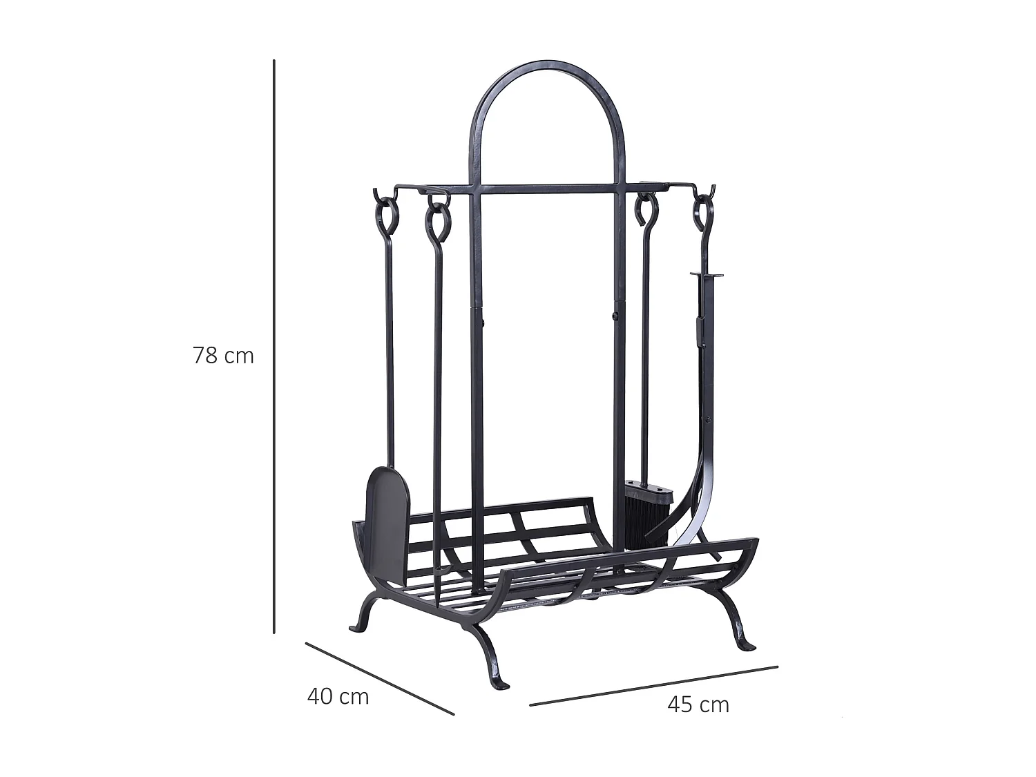 Serviteur de cheminée - porte bûches - range bûches multi accessoires dim. 45L x 40l x 78H cm métal noir