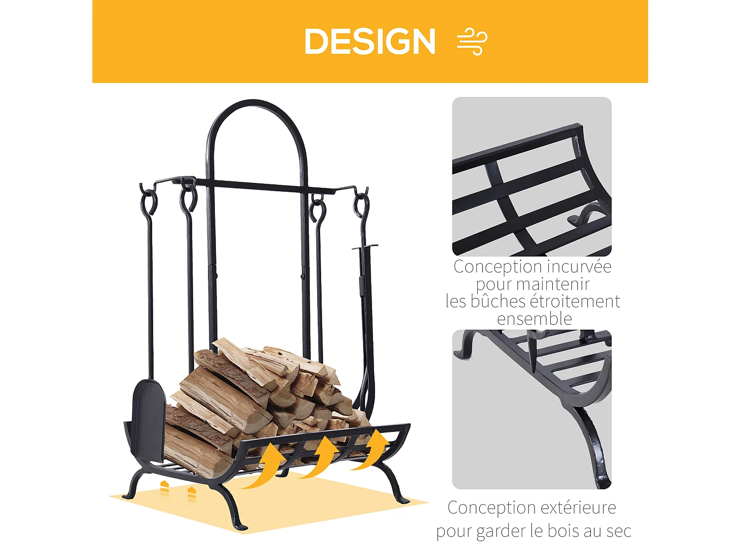 Serviteur de cheminée - porte bûches - range bûches multi accessoires dim. 45L x 40l x 78H cm métal noir