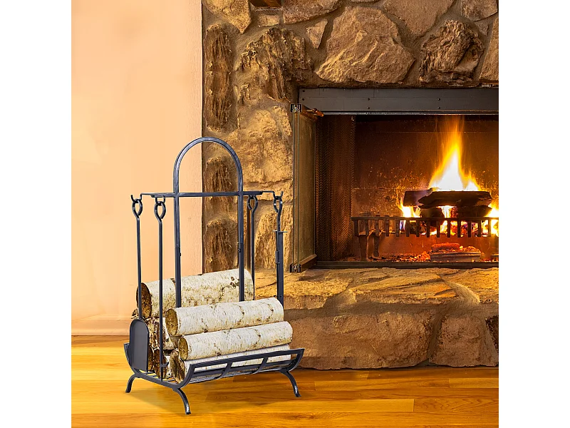 Serviteur de cheminée - porte bûches - range bûches multi accessoires dim. 45L x 40l x 78H cm métal noir