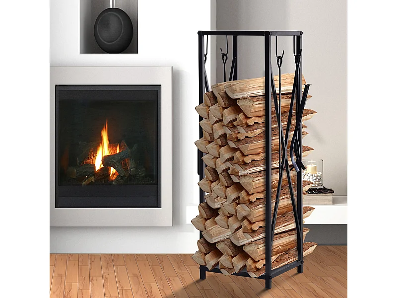 Serviteur de cheminée colonne - porte bûches - range bûches multi accessoires dim. 34L x 34l x 111H cm métal noir