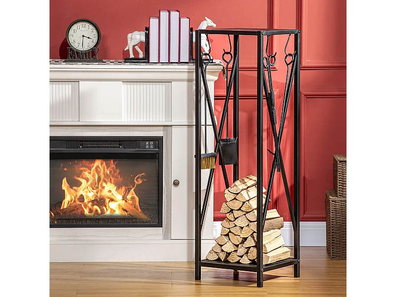 Serviteur de cheminée colonne - porte bûches - range bûches multi accessoires dim. 34L x 34l x 111H cm métal noir