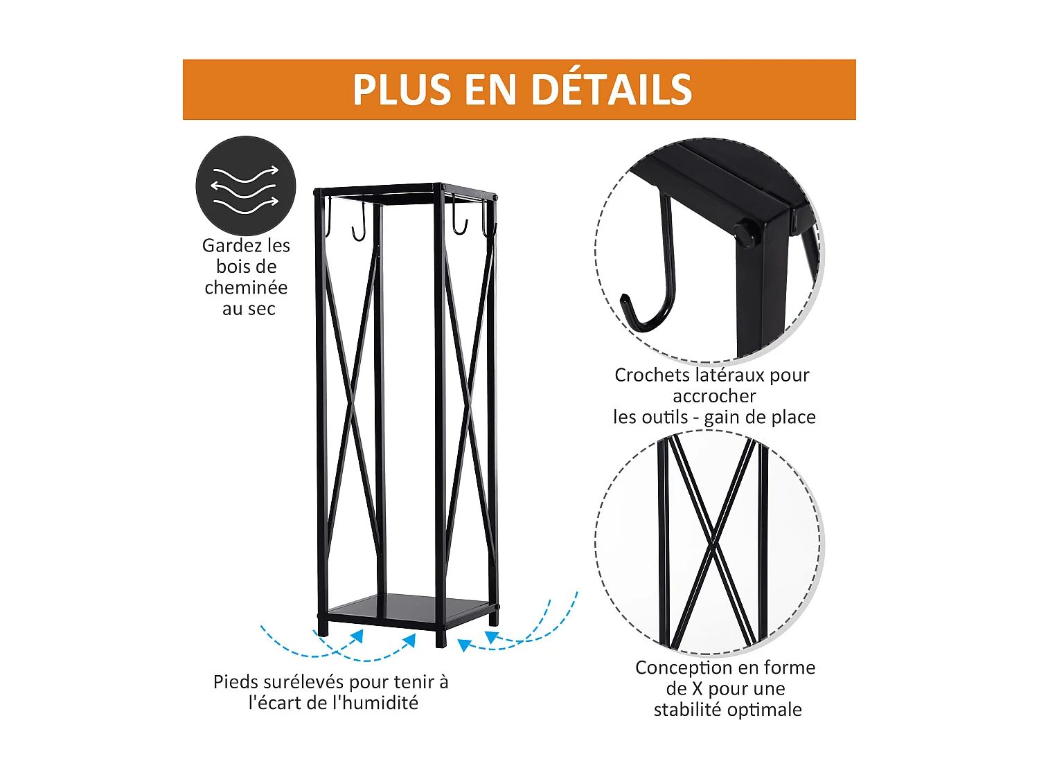 Serviteur de cheminée colonne - porte bûches - range bûches multi accessoires dim. 34L x 34l x 111H cm métal noir