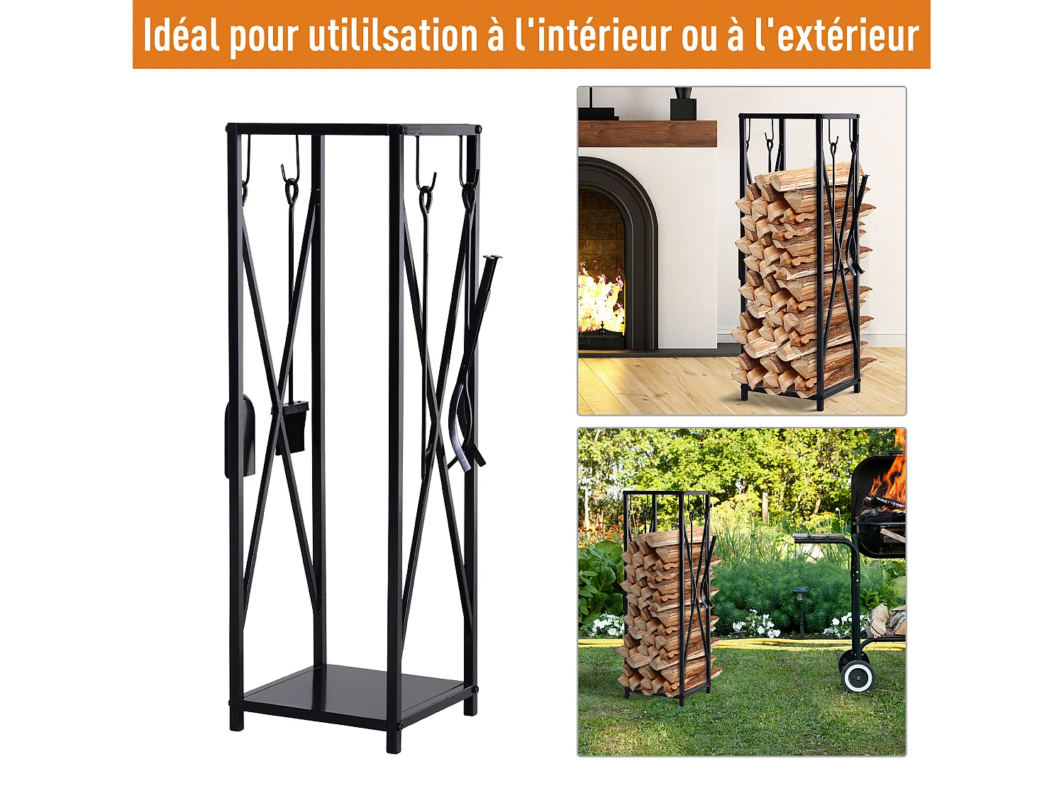 Serviteur de cheminée colonne - porte bûches - range bûches multi accessoires dim. 34L x 34l x 111H cm métal noir