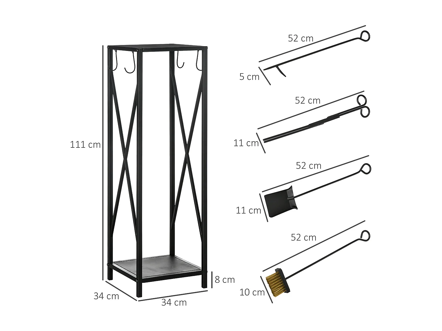 Serviteur de cheminée colonne - porte bûches - range bûches multi accessoires dim. 34L x 34l x 111H cm métal noir