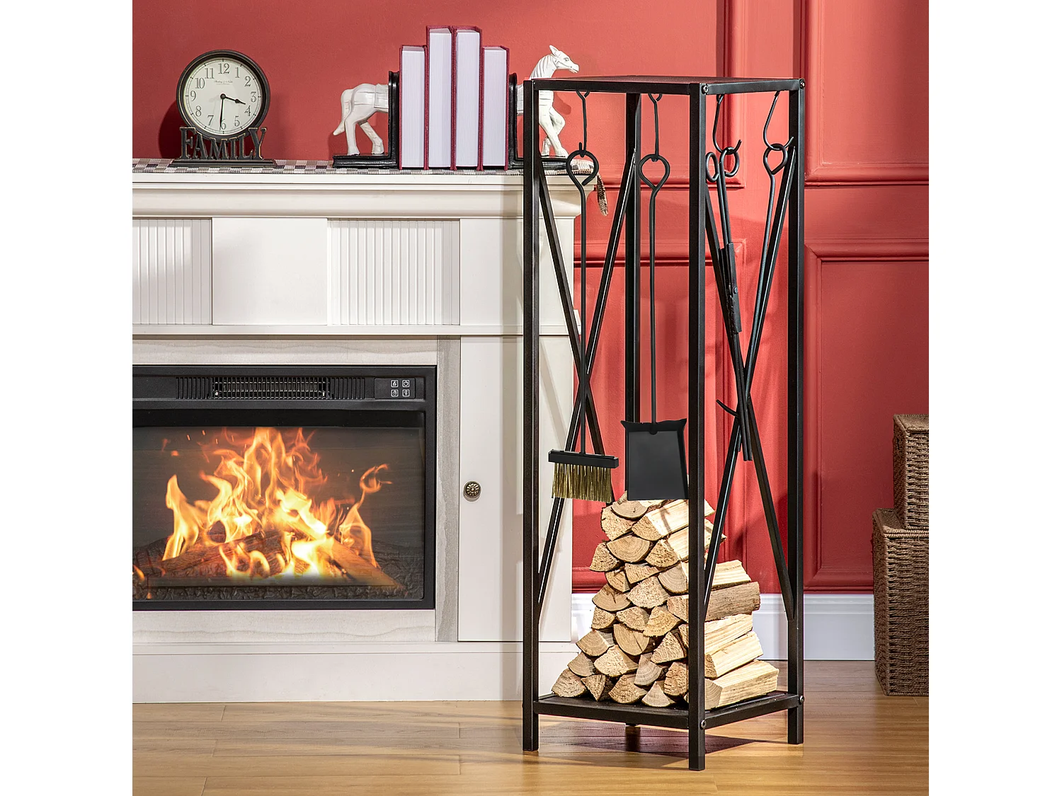 Serviteur de cheminée colonne - porte bûches - range bûches multi accessoires dim. 34L x 34l x 111H cm métal noir