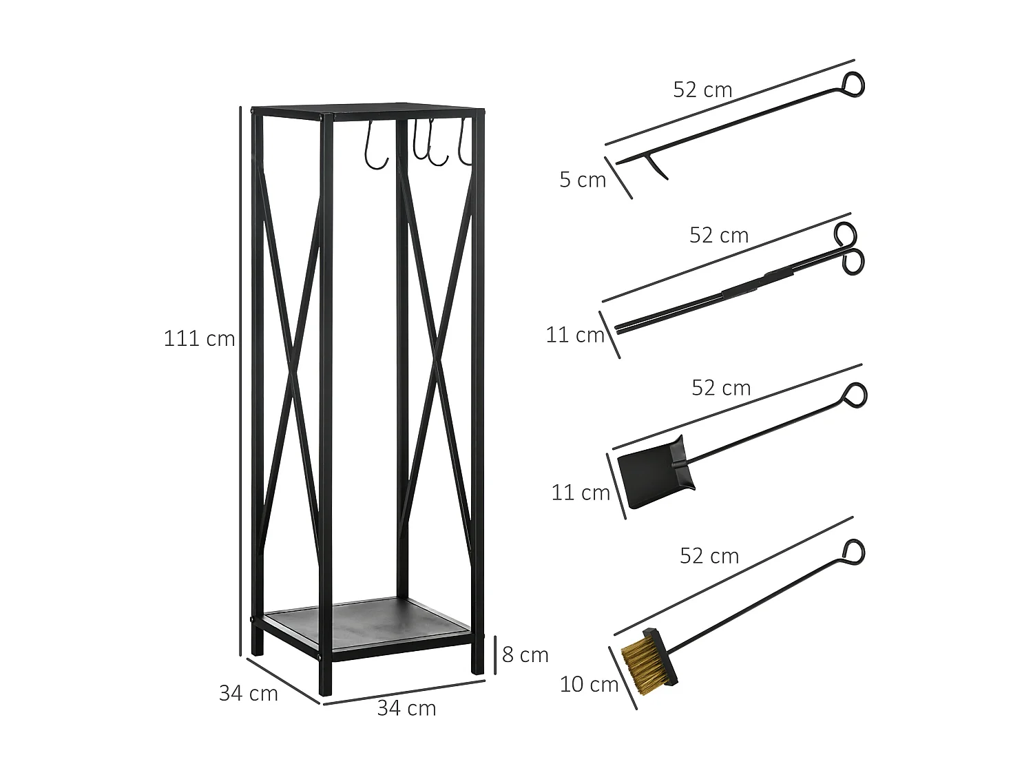 Serviteur de cheminée colonne - porte bûches - range bûches multi accessoires dim. 34L x 34l x 111H cm métal noir