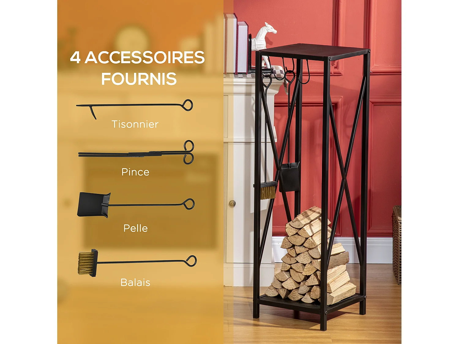 Serviteur de cheminée colonne - porte bûches - range bûches multi accessoires dim. 34L x 34l x 111H cm métal noir