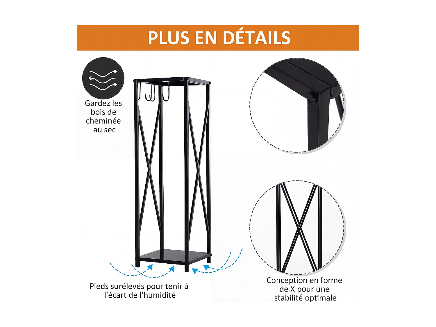 Serviteur de cheminée colonne - porte bûches - range bûches multi accessoires dim. 34L x 34l x 111H cm métal noir