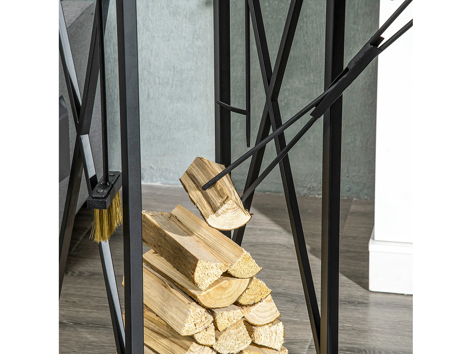 Serviteur de cheminée colonne - porte bûches - range bûches multi accessoires dim. 34L x 34l x 111H cm métal noir