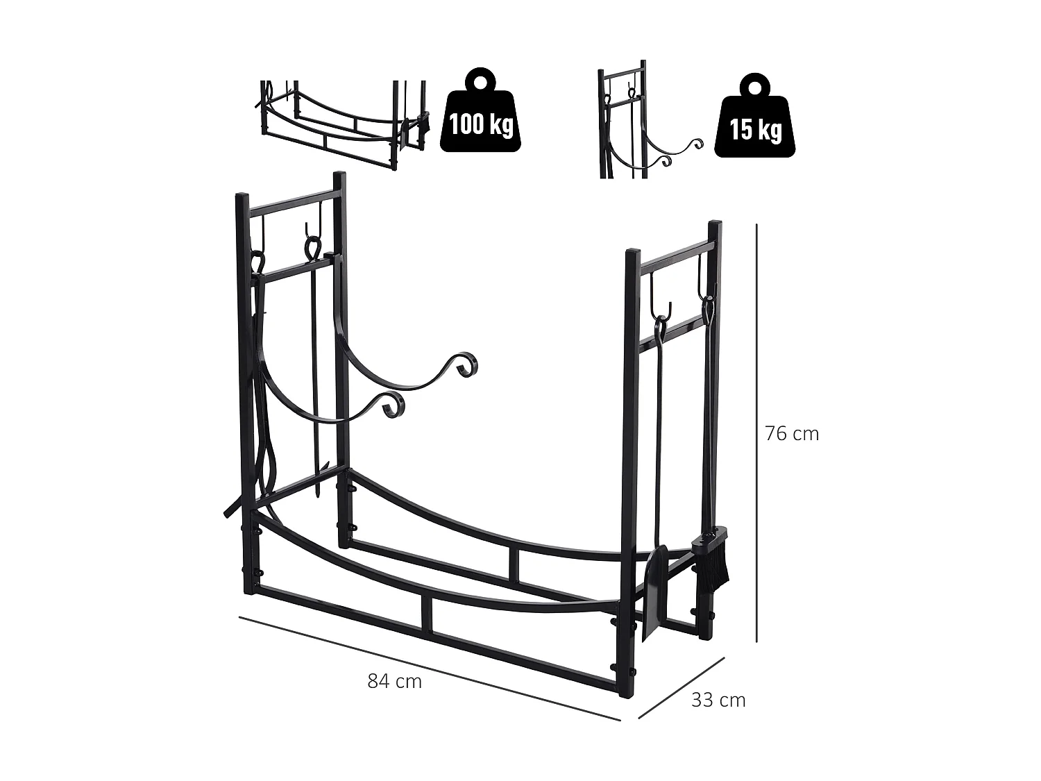 Serviteur de cheminée - porte bûches - range bûches multi accessoires étagère bûche et petit bois métal noir
