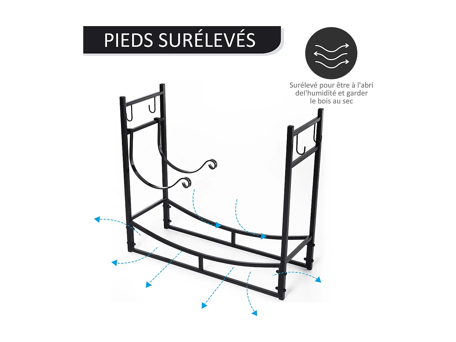 Serviteur de cheminée - porte bûches - range bûches multi accessoires étagère bûche et petit bois métal noir