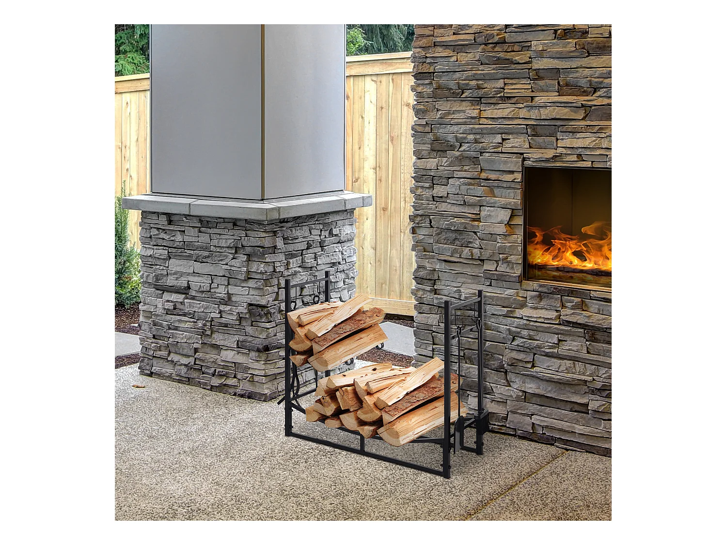 Serviteur de cheminée - porte bûches - range bûches multi accessoires étagère bûche et petit bois métal noir