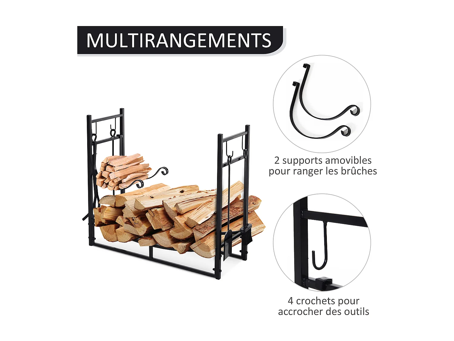 Serviteur de cheminée - porte bûches - range bûches multi accessoires étagère bûche et petit bois métal noir
