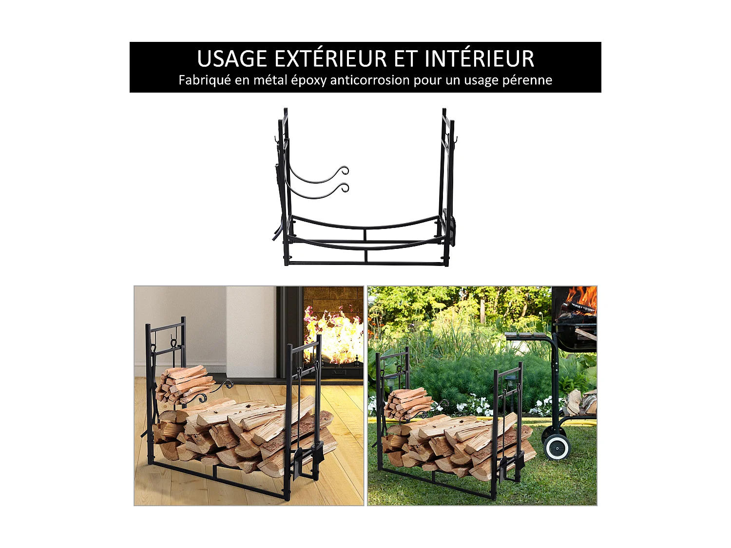 Serviteur de cheminée - porte bûches - range bûches multi accessoires étagère bûche et petit bois métal noir